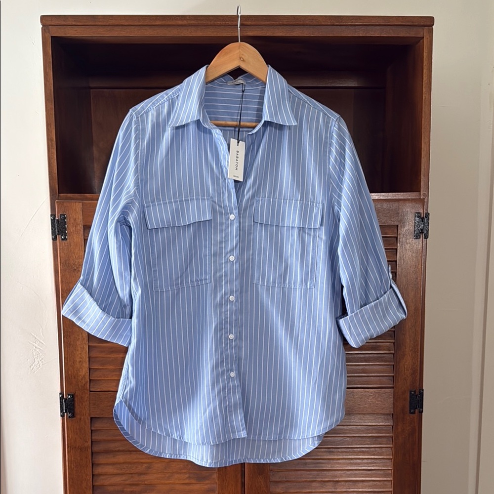 Aritzia Blue Striped Button-Up Utility Shirt